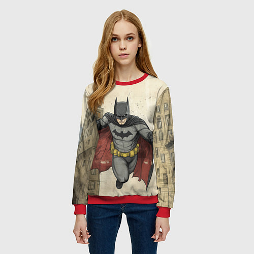 Женский свитшот Бэтмен летит между домами / 3D-Красный – фото 3