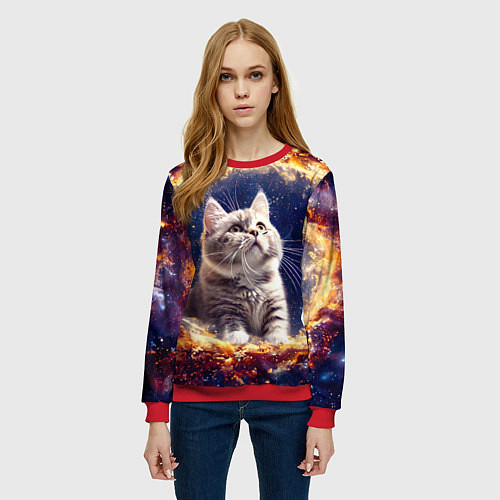 Женский свитшот Кошка шиншилла в космосе / 3D-Красный – фото 3