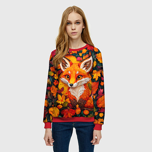 Женский свитшот Лисенок в осенних листьях / 3D-Красный – фото 3