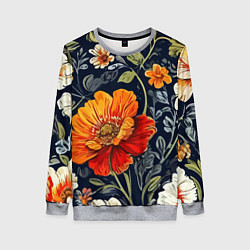 Свитшот женский Маки и пионы старинный паттерн, цвет: 3D-меланж