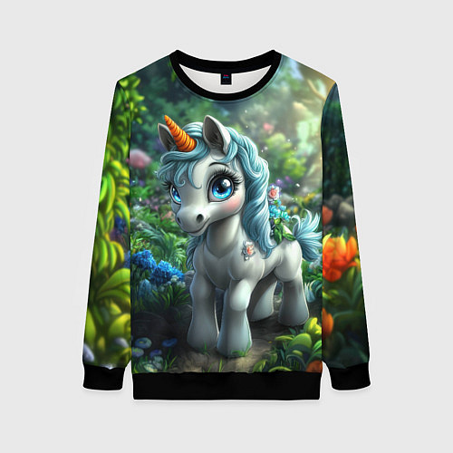 Женский свитшот Единорожка в зеленом лесу / 3D-Черный – фото 1