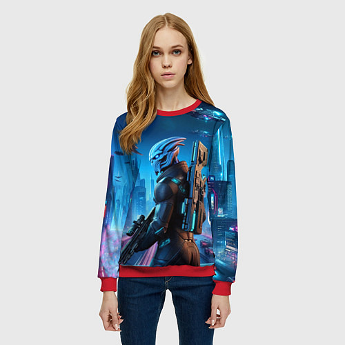 Женский свитшот Mass Effect - neon glow fantastic / 3D-Красный – фото 3