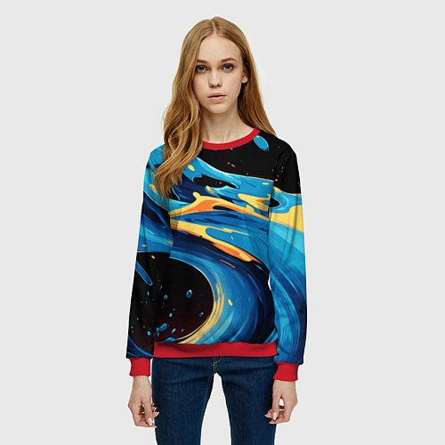 Женский свитшот Синяя волна из красок / 3D-Красный – фото 3