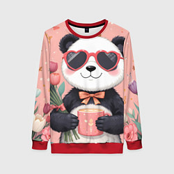 Свитшот женский Панда с поздравлениями и с цветами, цвет: 3D-красный