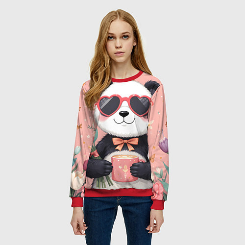 Женский свитшот Панда с поздравлениями и с цветами / 3D-Красный – фото 3