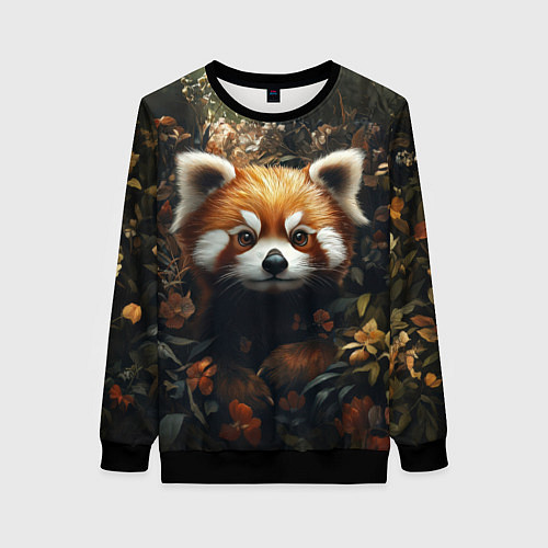 Женский свитшот Красная панда в лесной чаще / 3D-Черный – фото 1