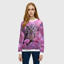 Свитшот женский Сова на ветке с розовыми цветами, цвет: 3D-белый — фото 2