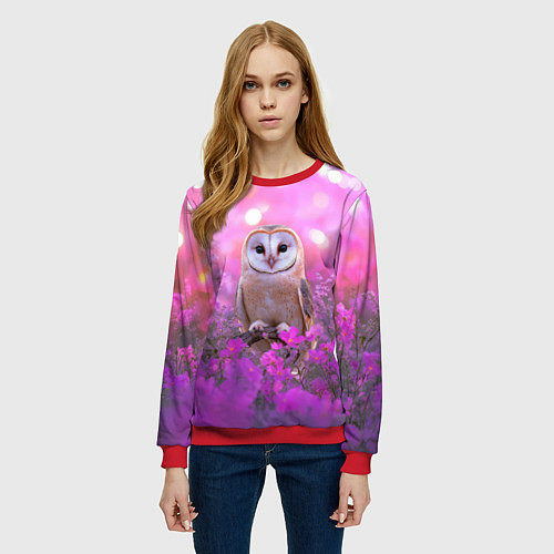 Женский свитшот Сова на блестящем фоне / 3D-Красный – фото 3