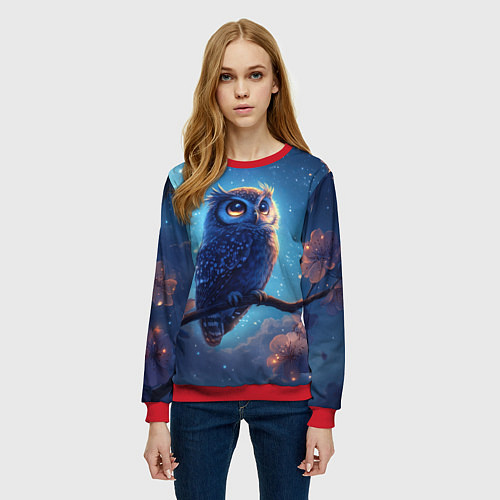 Женский свитшот Сова на фоне ночного неба / 3D-Красный – фото 3