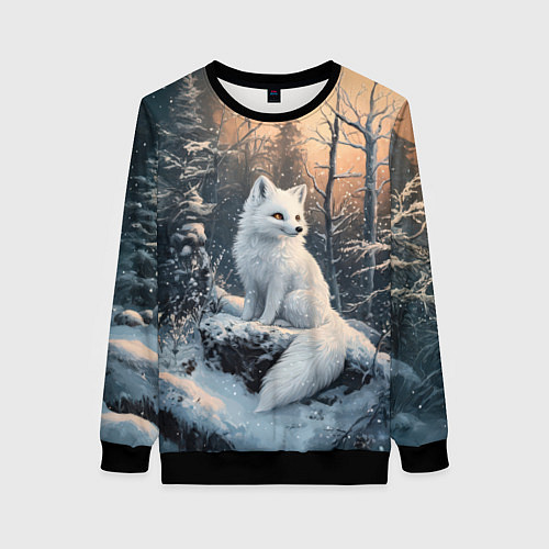 Женский свитшот Белый лисенок в зимнем лесу / 3D-Черный – фото 1