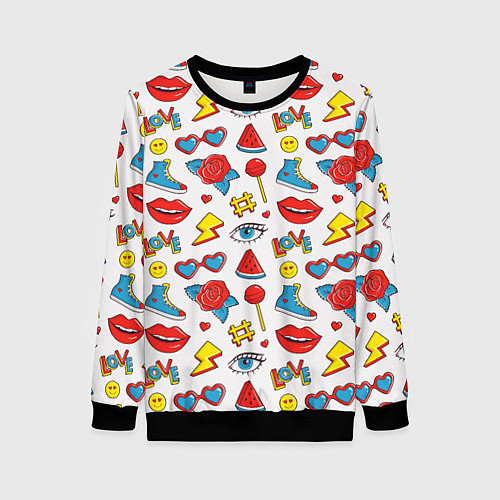 Женский свитшот Паттерн с яркими молодежными стикерами / 3D-Черный – фото 1