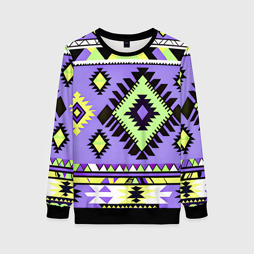 Женский свитшот Геометрический сиренево желтый орнамент ацтеков / 3D-Черный – фото 1
