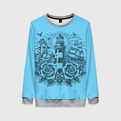 Свитшот женский Маяк с розами и кораблем, цвет: 3D-меланж
