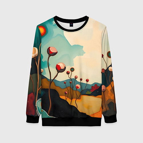 Женский свитшот Сюрреалистичный пейзаж с цветами / 3D-Черный – фото 1