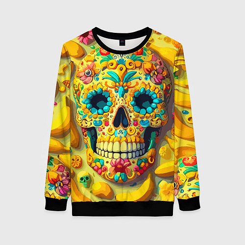 Женский свитшот Красочный летний паттерн с черепом - нейроарт / 3D-Черный – фото 1