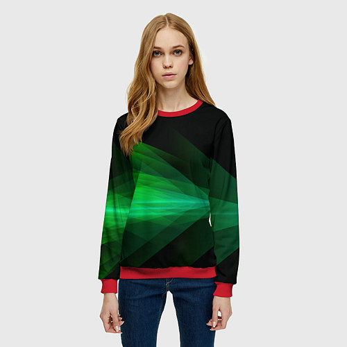 Женский свитшот Неоновая зеленая абстракция на черном фоне / 3D-Красный – фото 3