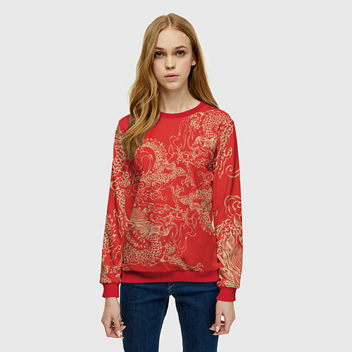 Женский свитшот Золотые драконы на красном / 3D-Красный – фото 3