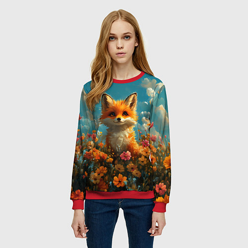 Женский свитшот Лисица в цветочном поле / 3D-Красный – фото 3