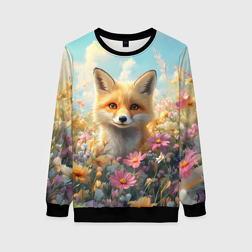 Женский свитшот Лиса в цветочном поле / 3D-Черный – фото 1