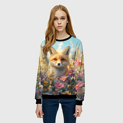 Свитшот женский Лиса в цветочном поле, цвет: 3D-черный — фото 2