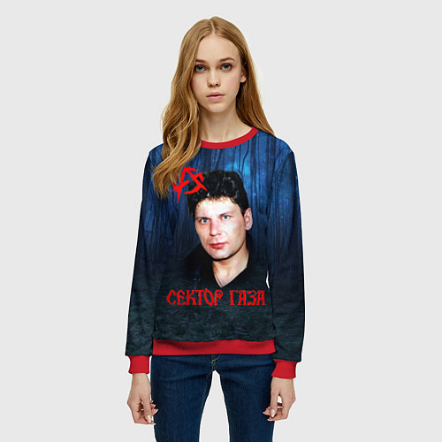 Женский свитшот Юрий Хой синий фон леса / 3D-Красный – фото 3