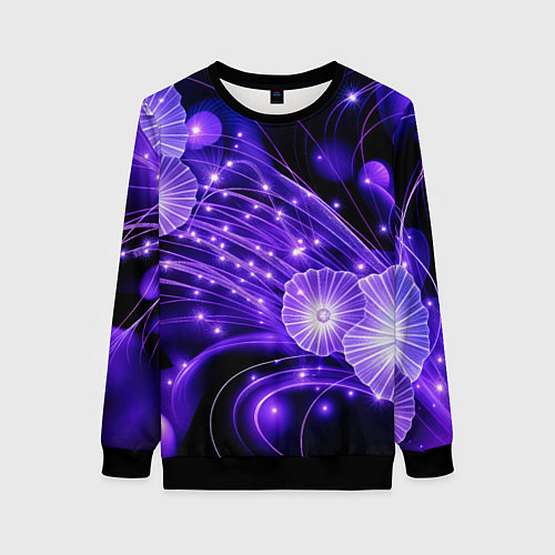 Женский свитшот Силуэты цветов на темном фоне - фиолетовое свечени / 3D-Черный – фото 1