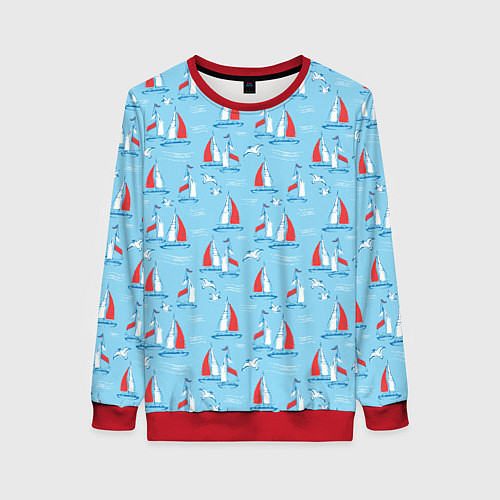 Женский свитшот Морской паттерн с парусными лодками и чайками / 3D-Красный – фото 1
