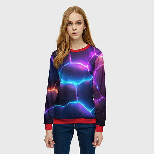 Женский свитшот Синие и фиолетовые молнии в разломе / 3D-Красный – фото 3
