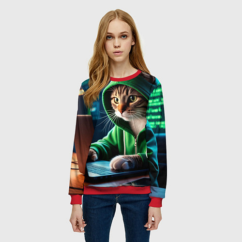 Женский свитшот Котенок хакер за ноутбуком / 3D-Красный – фото 3