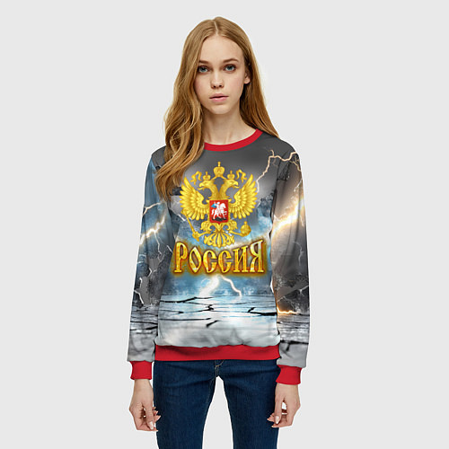 Женский свитшот Герб России и молнии / 3D-Красный – фото 3