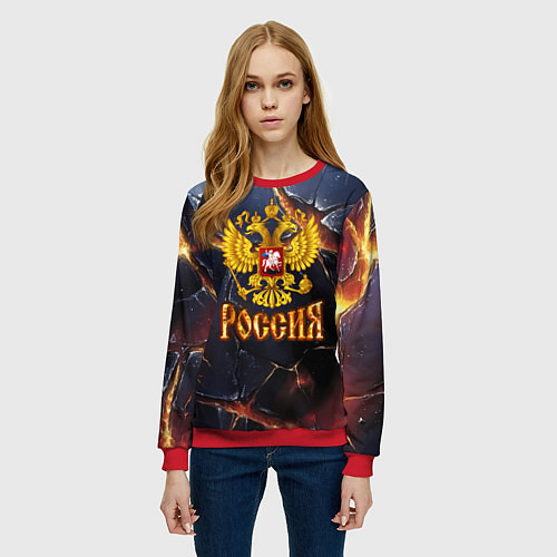Женский свитшот Золотой герб России и текстура с плитами / 3D-Красный – фото 3