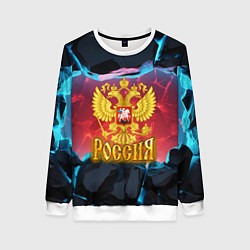 Свитшот женский Герб России и неоновые разломы, цвет: 3D-белый