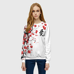 Свитшот женский Сакура с иероглифом Любовь, цвет: 3D-белый — фото 2
