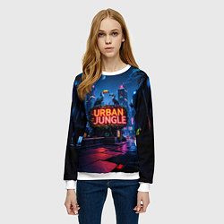 Свитшот женский Городские здания зеленые растения и попугаи, цвет: 3D-белый — фото 2