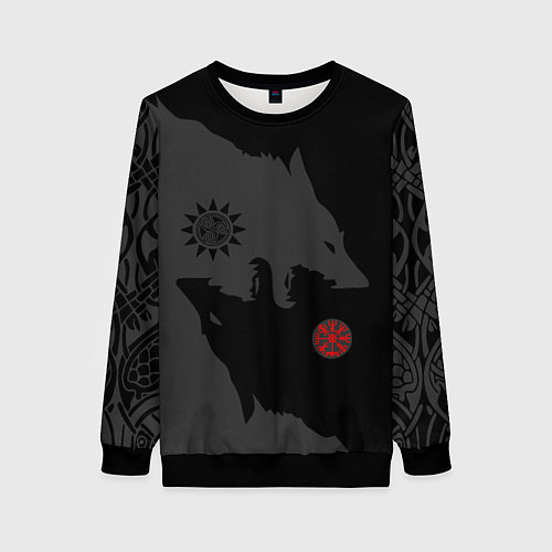 Женский свитшот Волки викингов с обережными символами - тату / 3D-Черный – фото 1