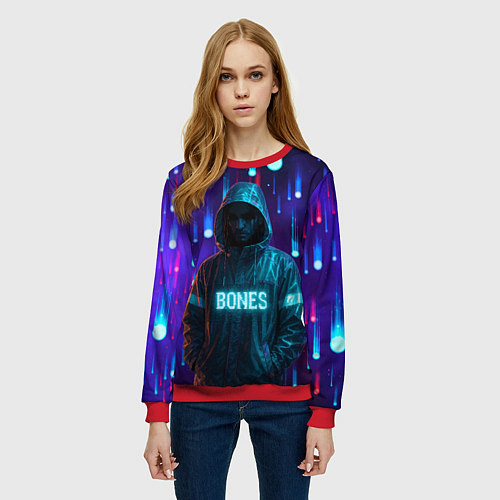 Женский свитшот Bones в стиле киберпанк / 3D-Красный – фото 3