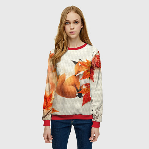 Женский свитшот Лиса под осенними листьями / 3D-Красный – фото 3