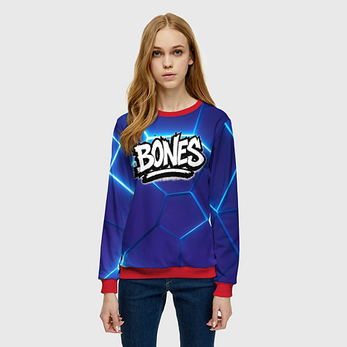 Женский свитшот Bones белое лого на синих плитах / 3D-Красный – фото 3