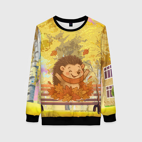 Женский свитшот Ежик в осенних листьях / 3D-Черный – фото 1