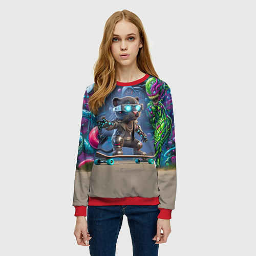 Женский свитшот Пантерёнок крутой скейтбордист на фоне граффити / 3D-Красный – фото 3