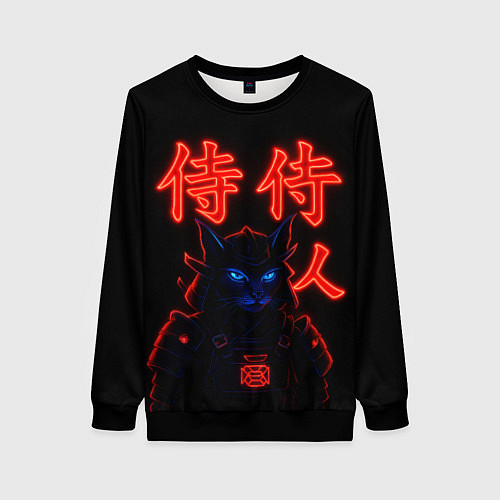 Женский свитшот Кот самурай с неоновыми глазами / 3D-Черный – фото 1