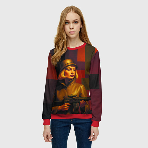 Женский свитшот Девушка с автоматом ретрофутуризм поп-арт 1970-е / 3D-Красный – фото 3