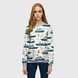 Свитшот женский Морской паттерн из чаек, якорей и кораблей, цвет: 3D-меланж — фото 2