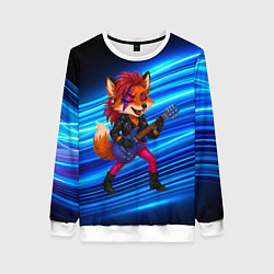 Свитшот женский Лиса в косухе и гитарой - рок звезда, цвет: 3D-белый