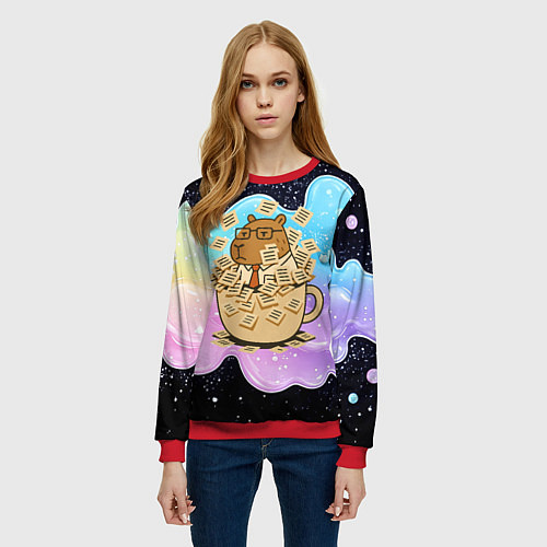 Женский свитшот Менеджер капибара в кружке в стикерах / 3D-Красный – фото 3