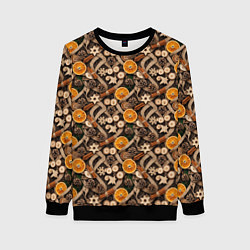 Свитшот женский Новогодний орнамент с корицей и дольками апельсина, цвет: 3D-черный