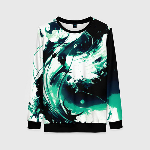 Женский свитшот Чёрно-зелёный абстракция волна / 3D-Черный – фото 1
