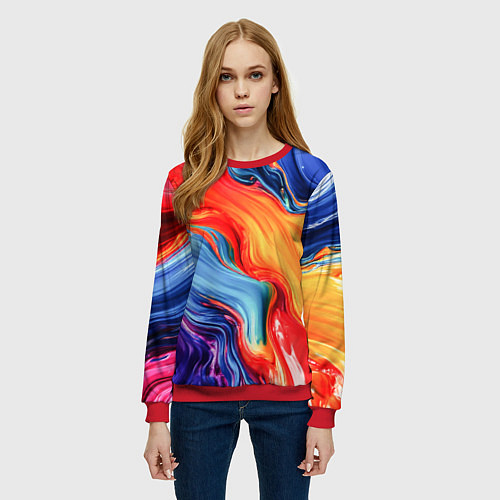 Женский свитшот Красно-синие масляные краски смешение абстракция / 3D-Красный – фото 3
