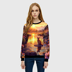 Свитшот женский Котёнок на камушке глядит на золотые лучи, цвет: 3D-черный — фото 2