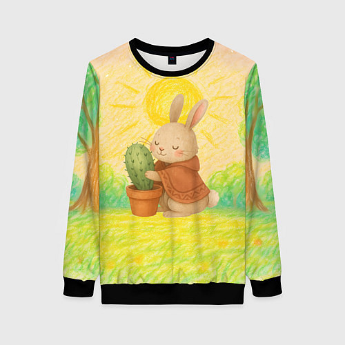 Женский свитшот Заяц обнимает кактус / 3D-Черный – фото 1
